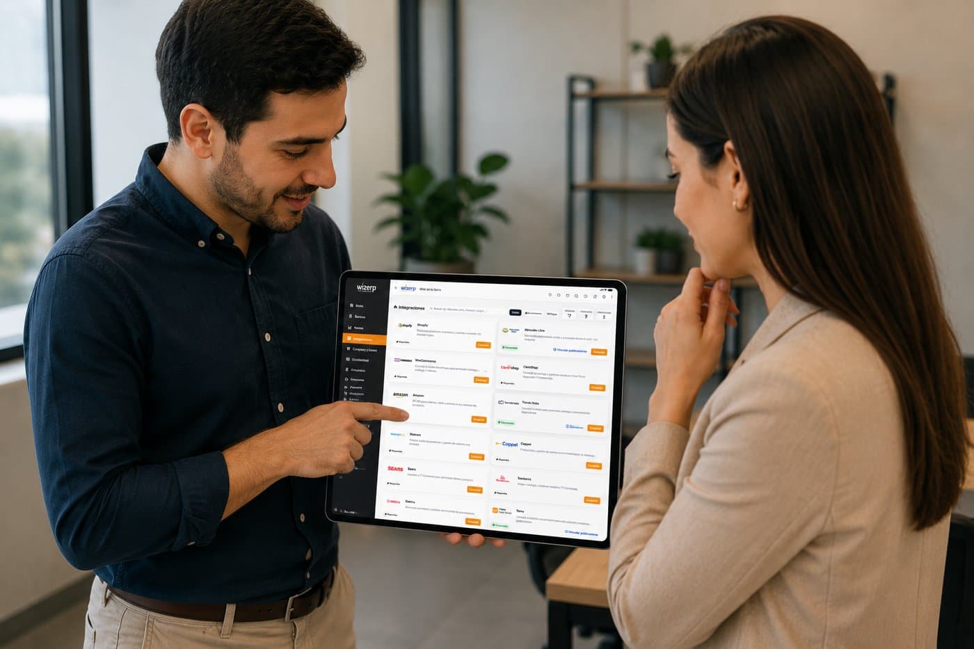 Equipo revisando juntos las integraciones de Wizerp con Shopify, Mercado Libre, Amazon, ClaroShop, Walmart, Sears, Coppel y más, en una tableta