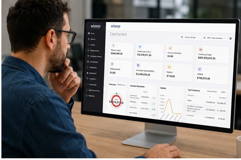Empresario revisando el dashboard financiero de Wizerp con KPIs de ventas, cuentas por cobrar, compras recibidas, cobranza y top productos