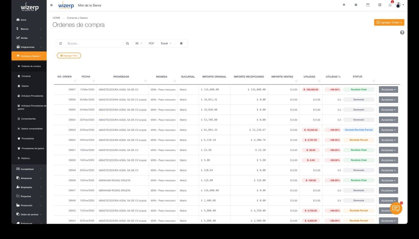 Listado de órdenes de compra a proveedores en Wizerp con folio, proveedor, fecha y estado