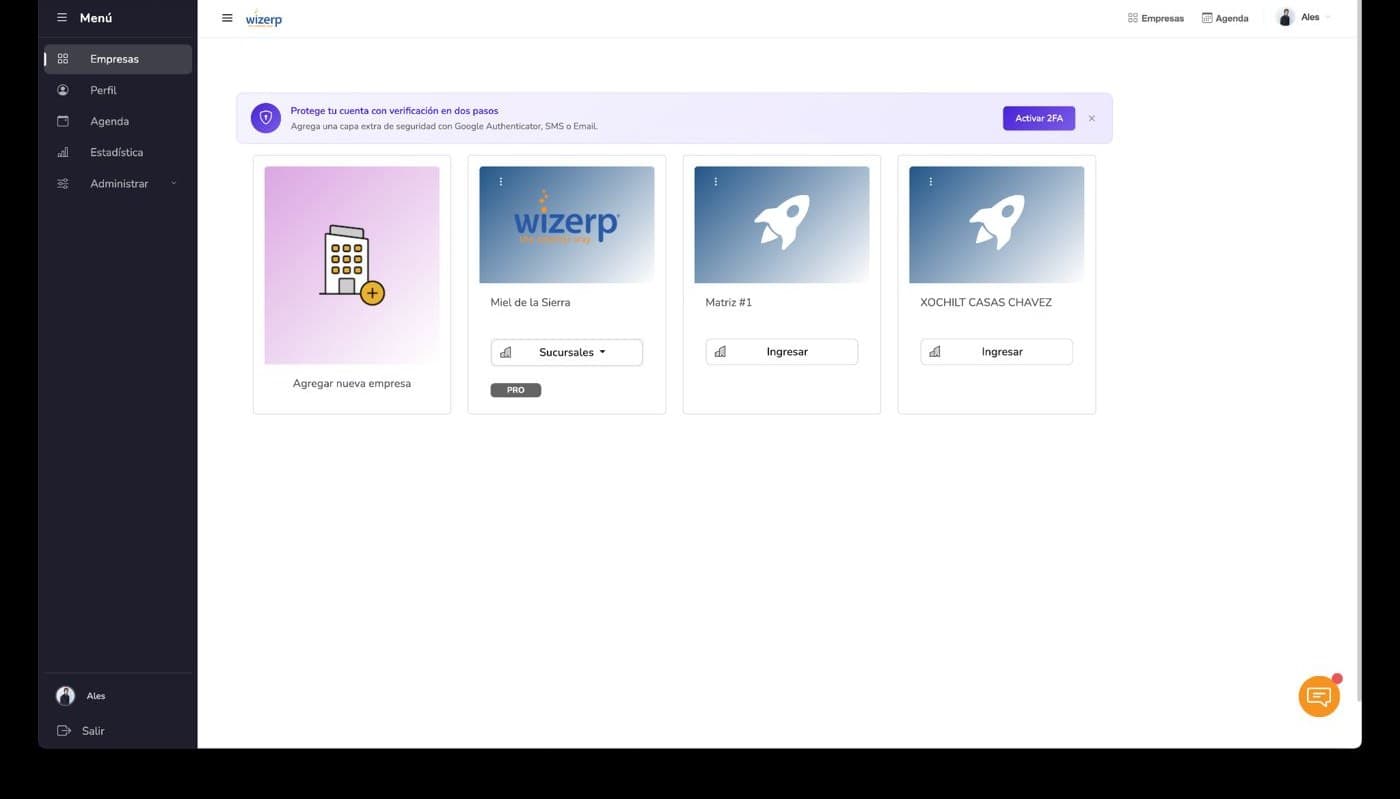 Vista de selector de empresas en Wizerp con tarjetas para cada empresa que administra el usuario