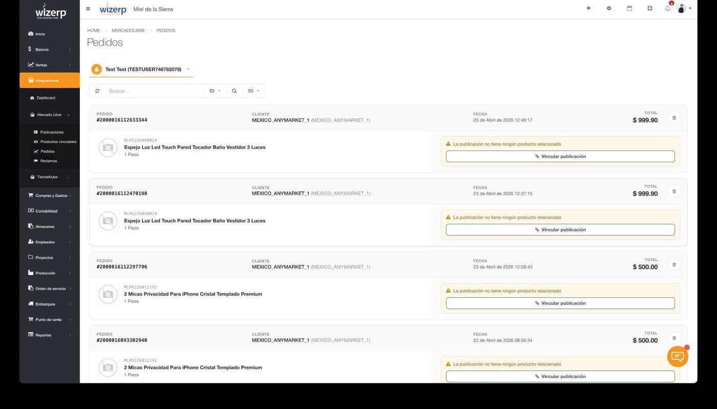 Pedidos de Mercado Libre listados en Wizerp con folio, cliente, fecha y total