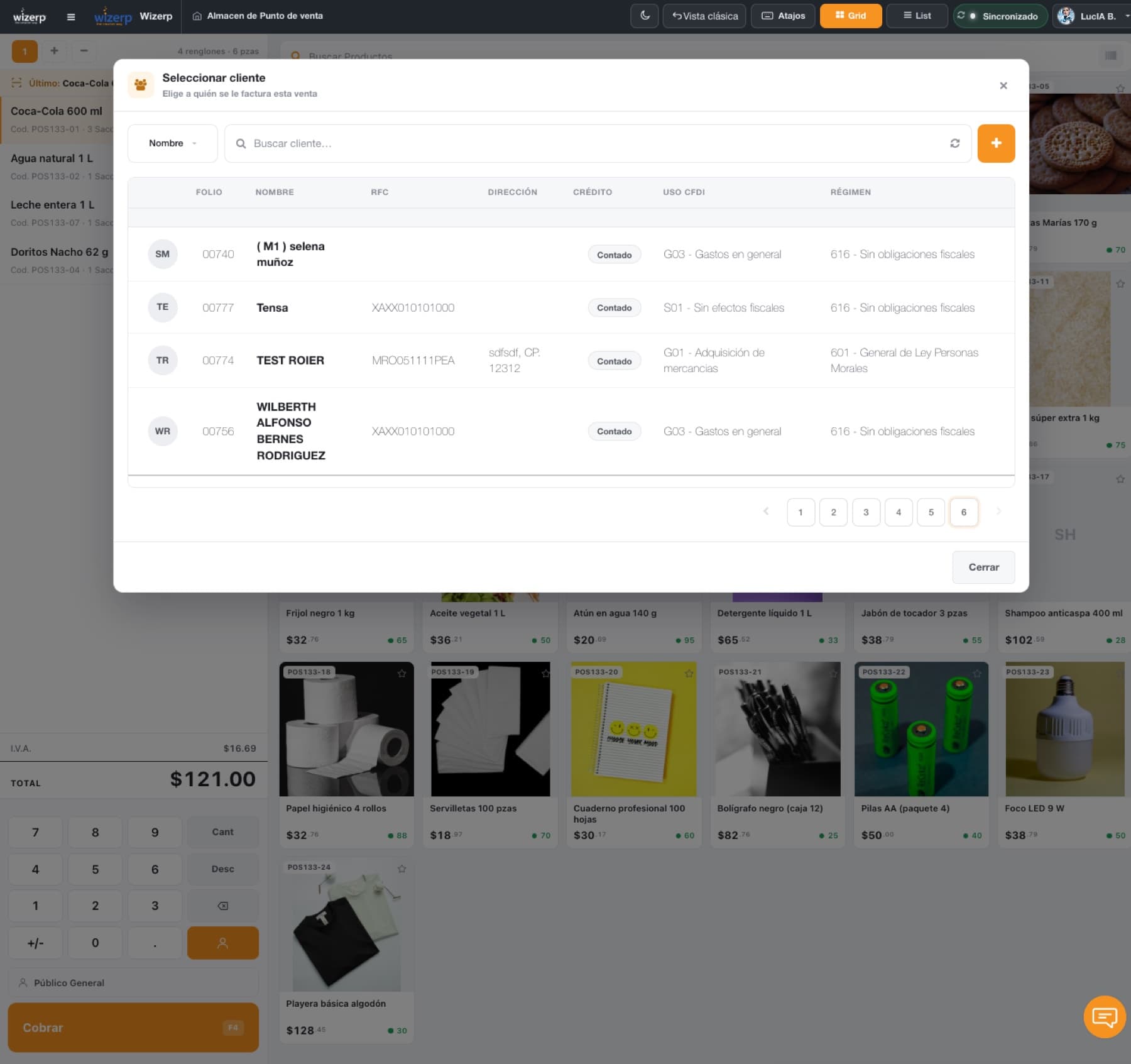 Modal Seleccionar cliente en el POS Wizerp con tabla de clientes, RFC, régimen y uso CFDI