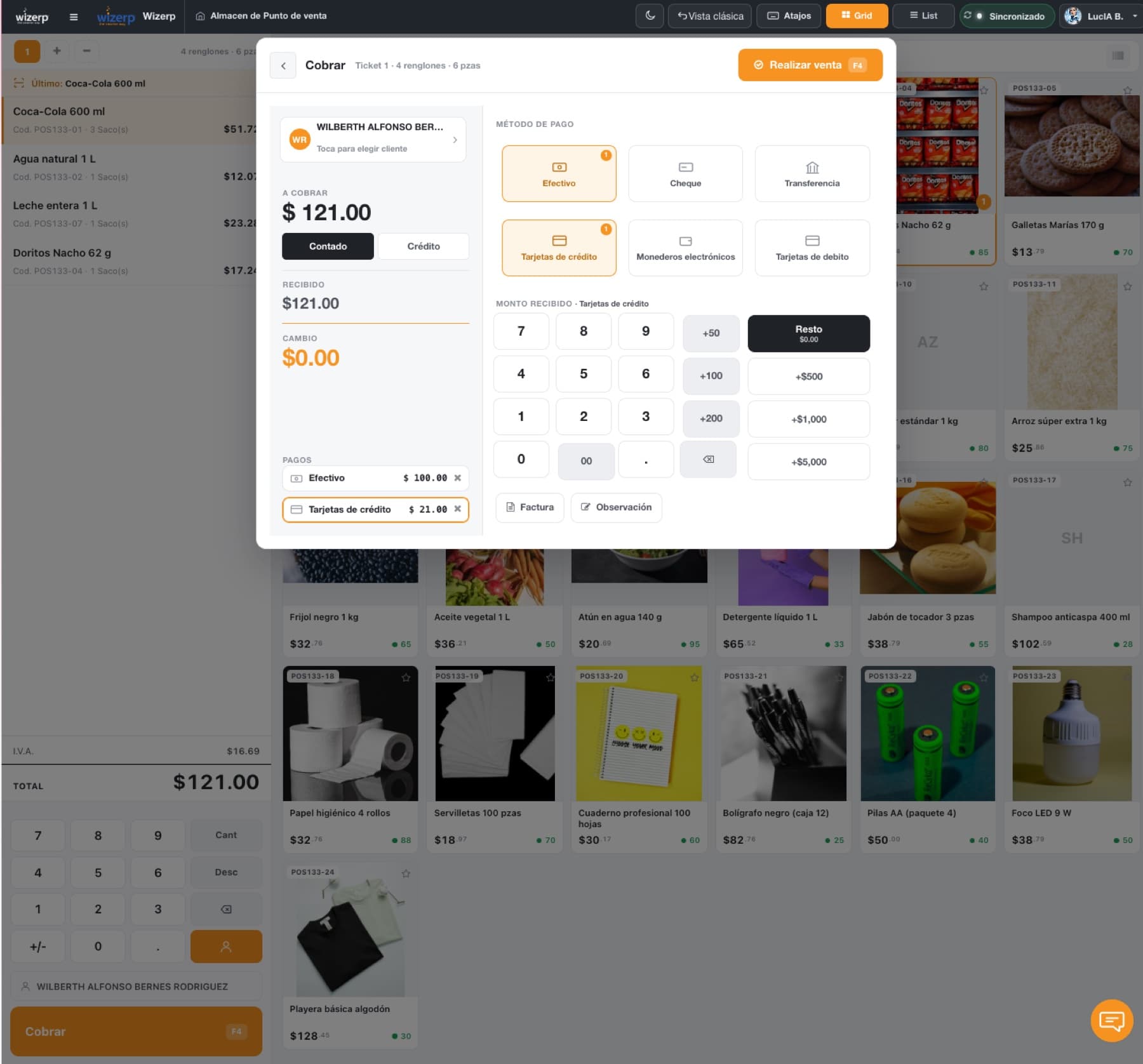 Modal Cobrar en el POS Wizerp con métodos de pago, monto recibido y botón Realizar venta