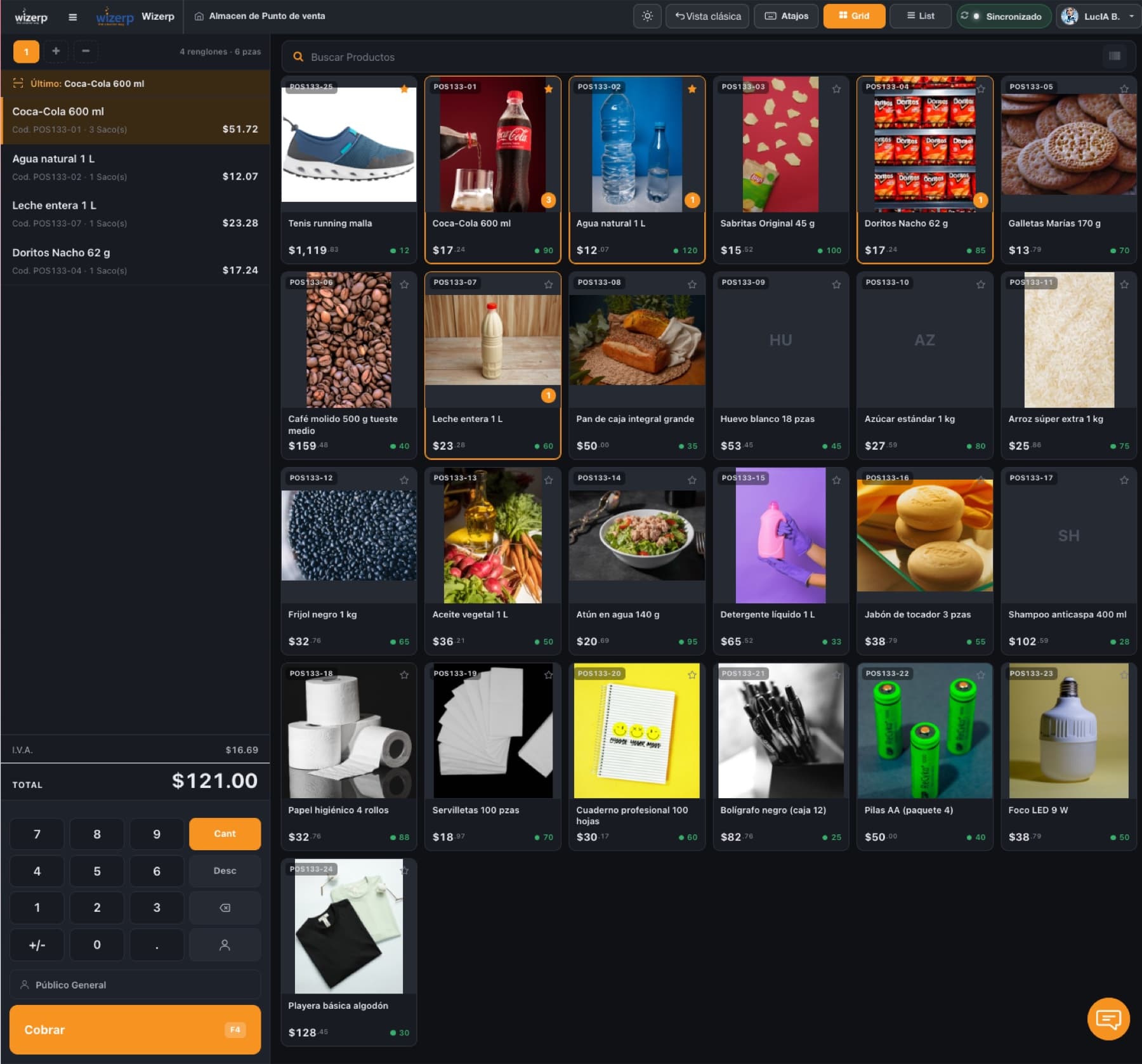 Punto de Venta Wizerp en modo oscuro con la misma grid de productos y panel de venta