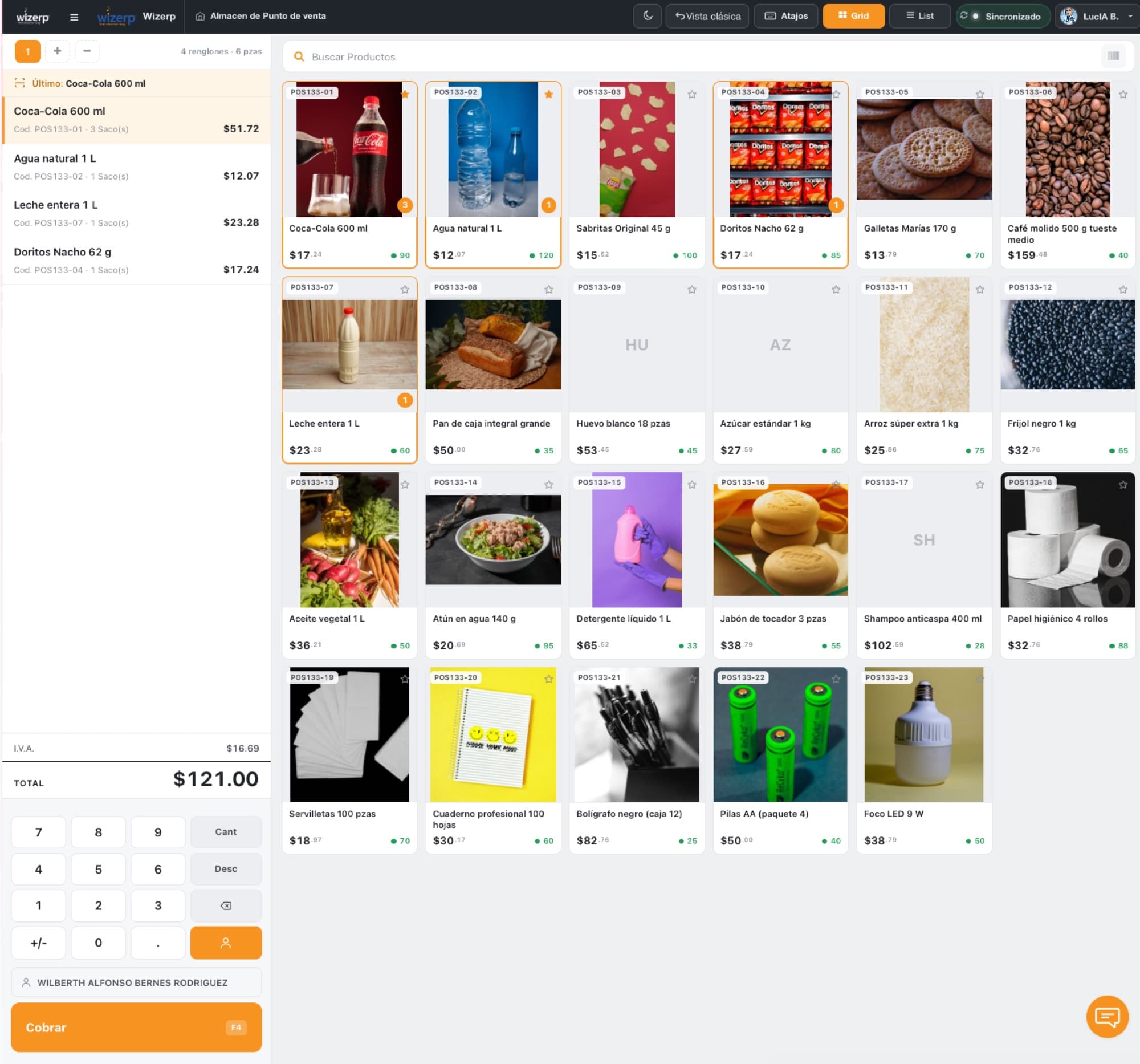 Punto de Venta en Wizerp — pantalla nueva 2026 con vista grid, panel de venta a la izquierda con productos escaneados, IVA y total en vivo, teclado numérico integrado, y botón Cobrar F4