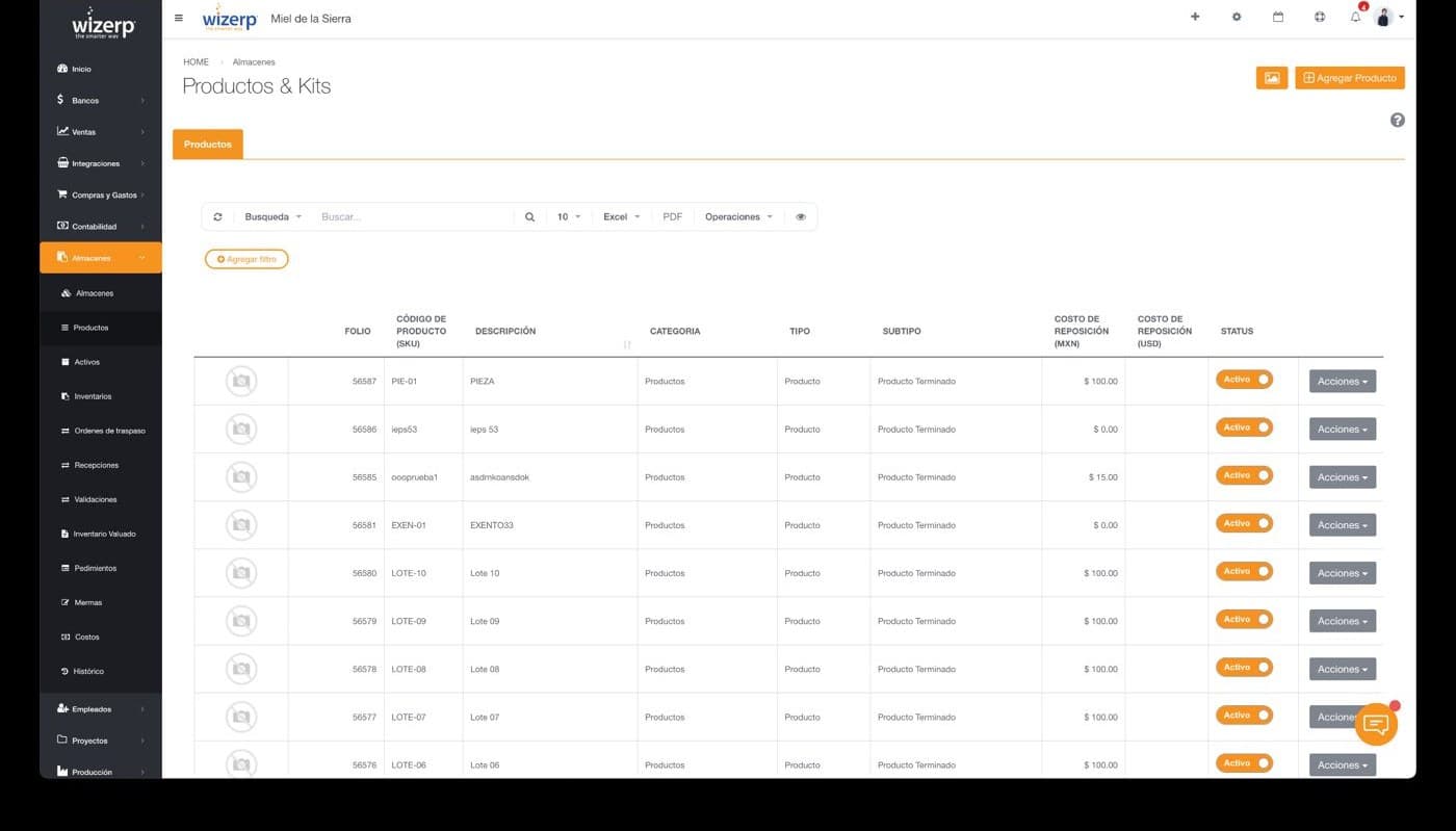 Catálogo de productos en Wizerp con código, descripción, existencias y precios por almacén
