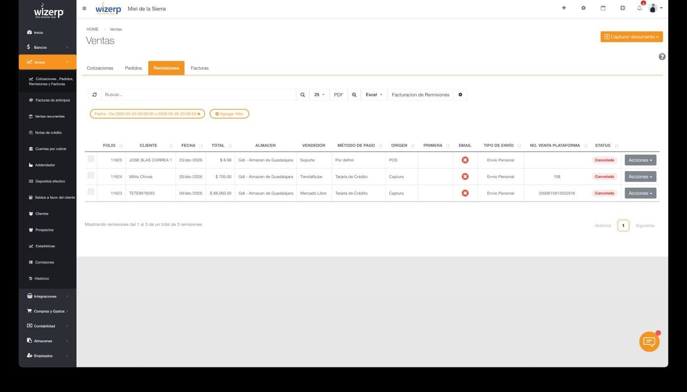 Vista del módulo de Ventas en Wizerp mostrando pestañas de cotizaciones, pedidos, remisiones y facturas