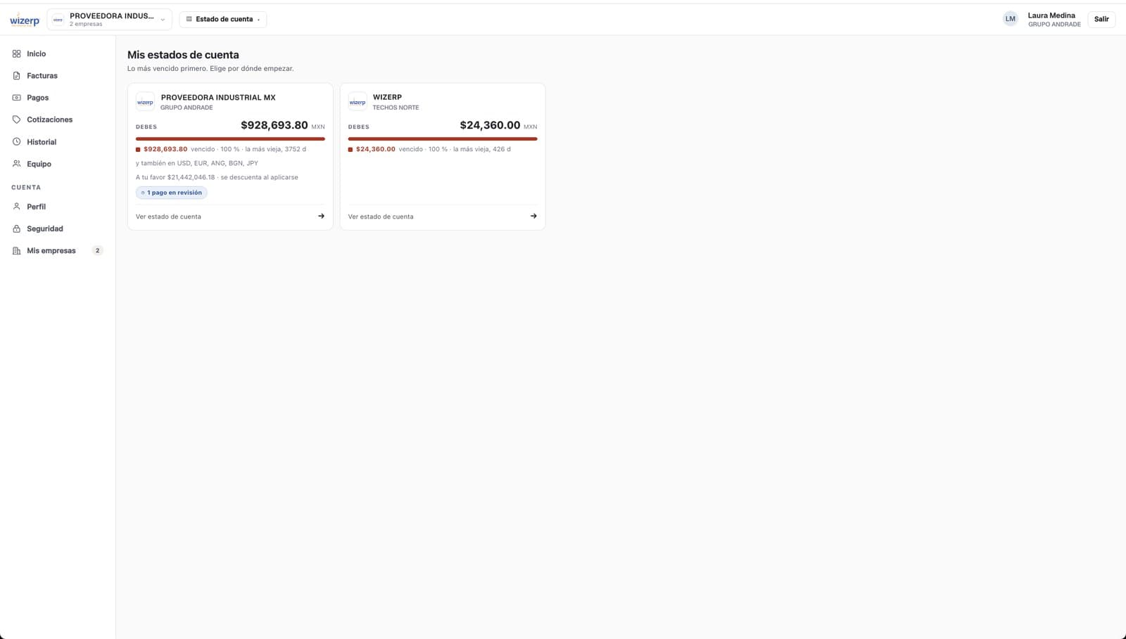 Vista de Mis estados de cuenta en el Portal de Clientes de Wizerp — dos tarjetas de empresa lado a lado con logo, nombre, RFC, deuda total en MXN, barra de proporción vencida y accesos rápidos al estado de cuenta y a los pagos